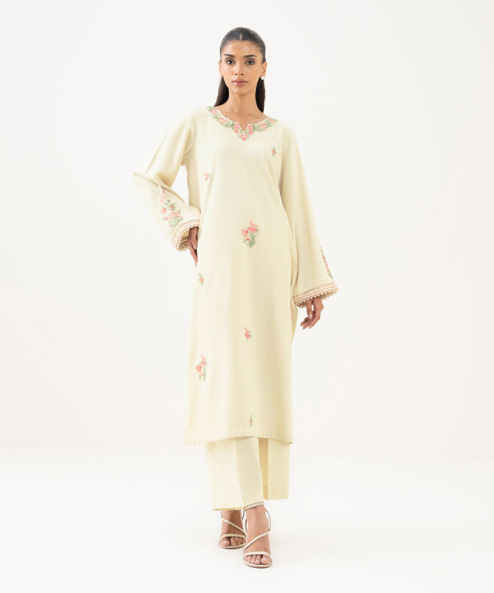 Women's RTW Cotton Viscose Embroidered Straight Off White Shirt