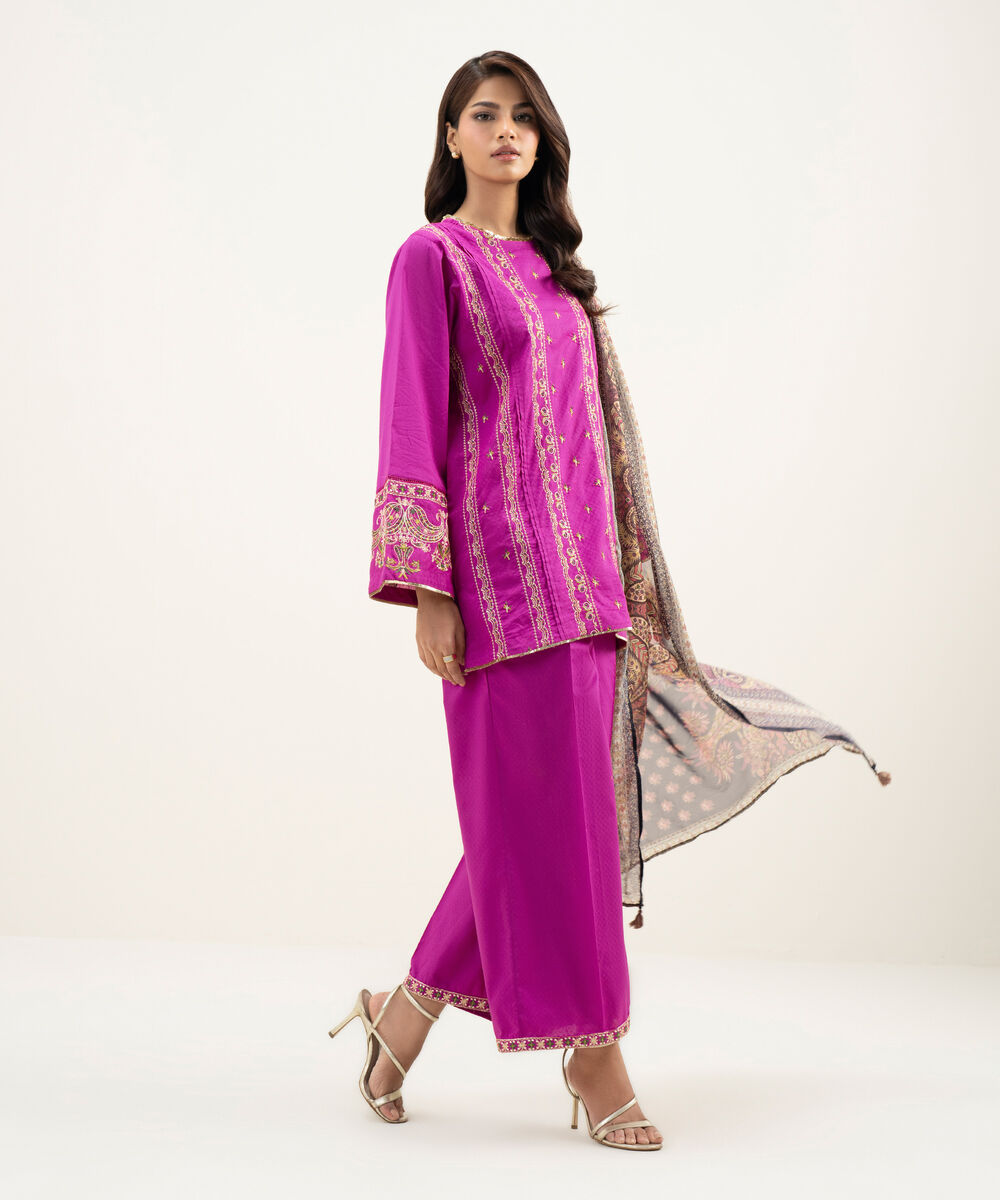 Women's RTW Dobby Embroidered Bright Pink 3 Piece Suit