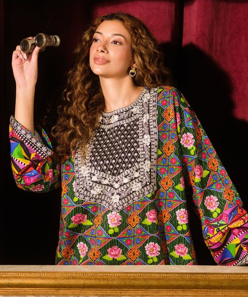 Embroidered Light Khaddar Shirt Women's RTW Light Khaddar Embroidered Green Boxy Shirt