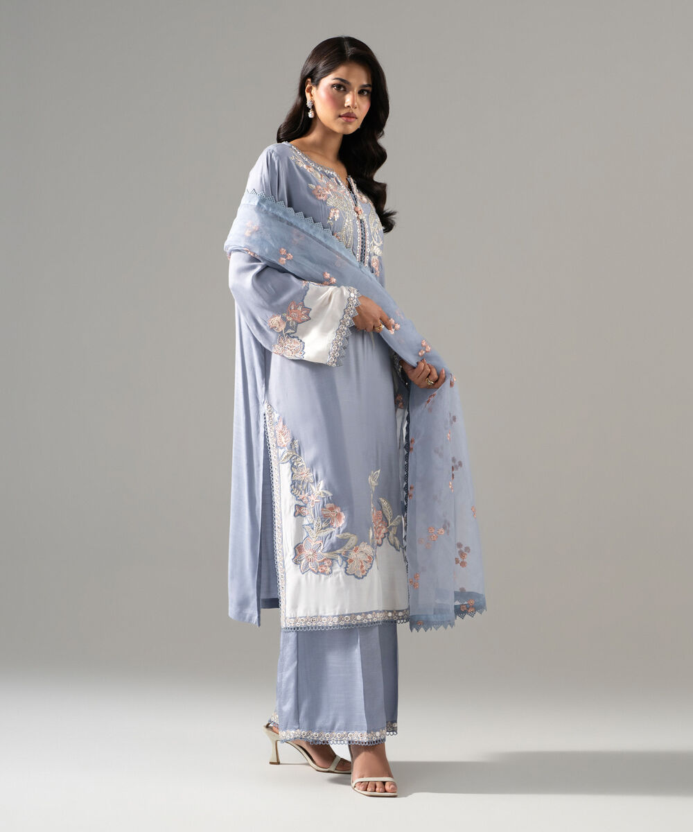 Women's RTW Raw Silk Solid Embroidered Blue 3 Piece Suit