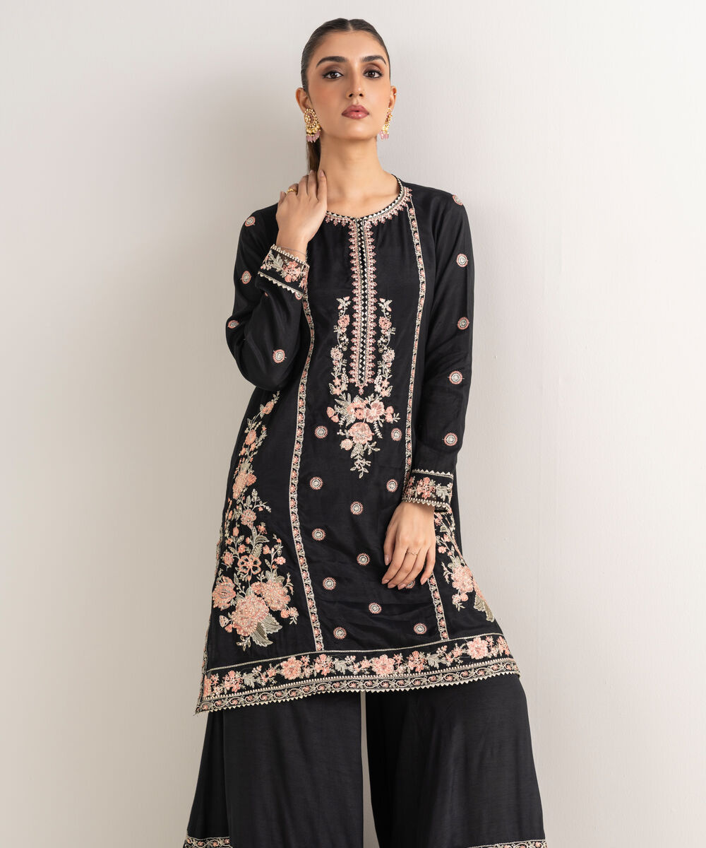 Women's RTW Viscose Raw Silk Black Embroidered Straight Shirt