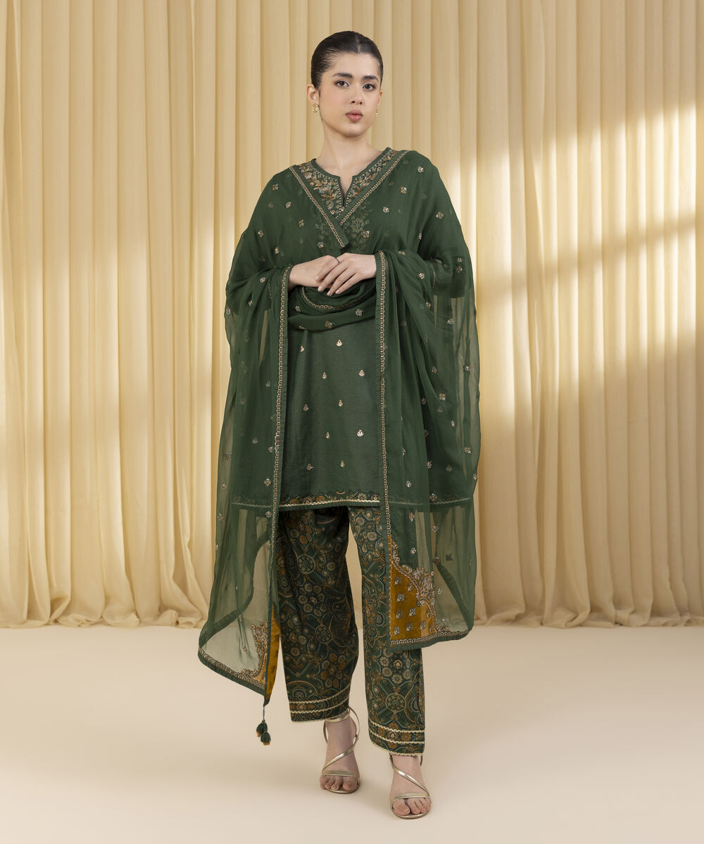 Unstitched Women's Green Zari Lawn 3 Piece Suit