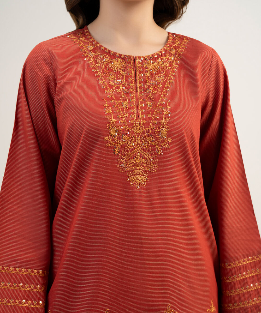 Women's RTW Zari Lawn Embroidered Rust A-Line Shirt