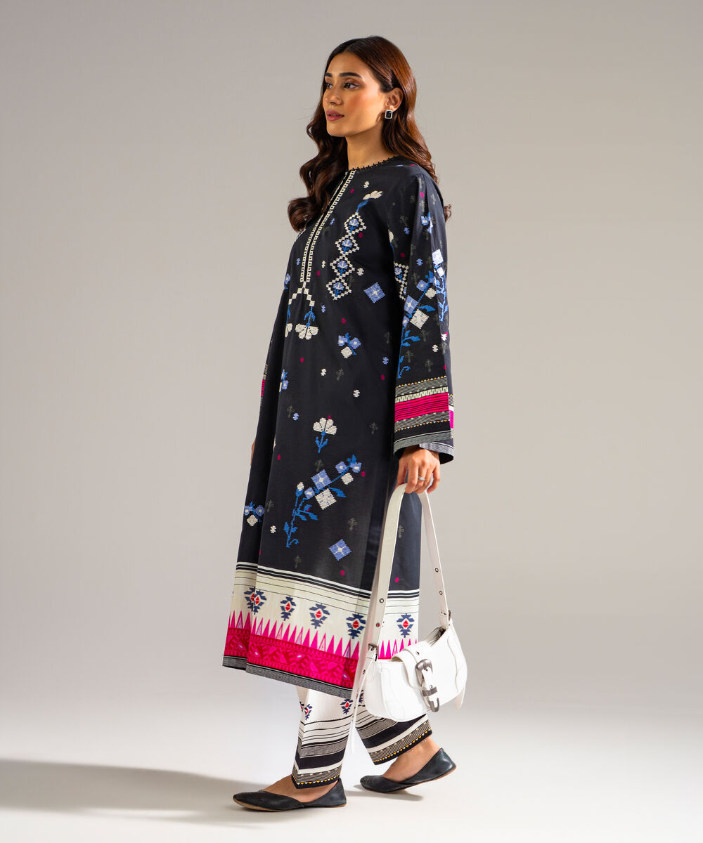 Women's RTW Lawn Embroidered Black Straight Shirt
