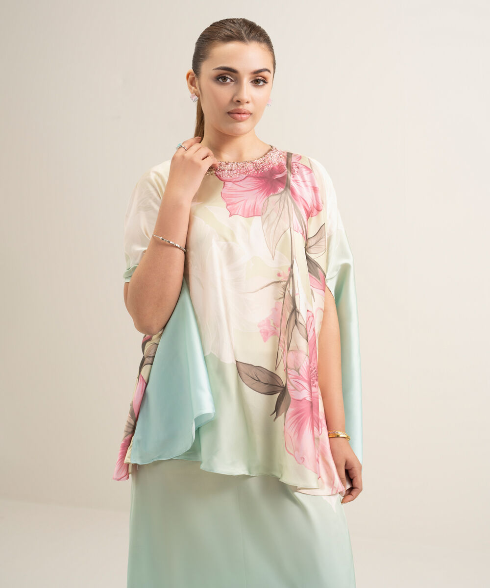 Women's RTW Blended Satin Printed Multi 2 Piece Suit