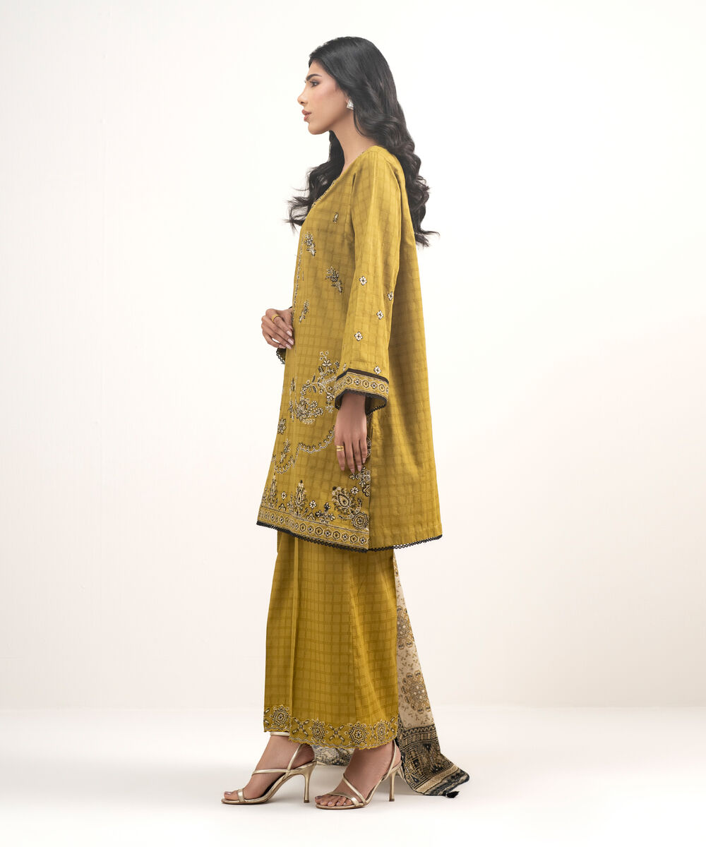 Women's RTW Dobby Embroidered Yellow 3 Piece Suit