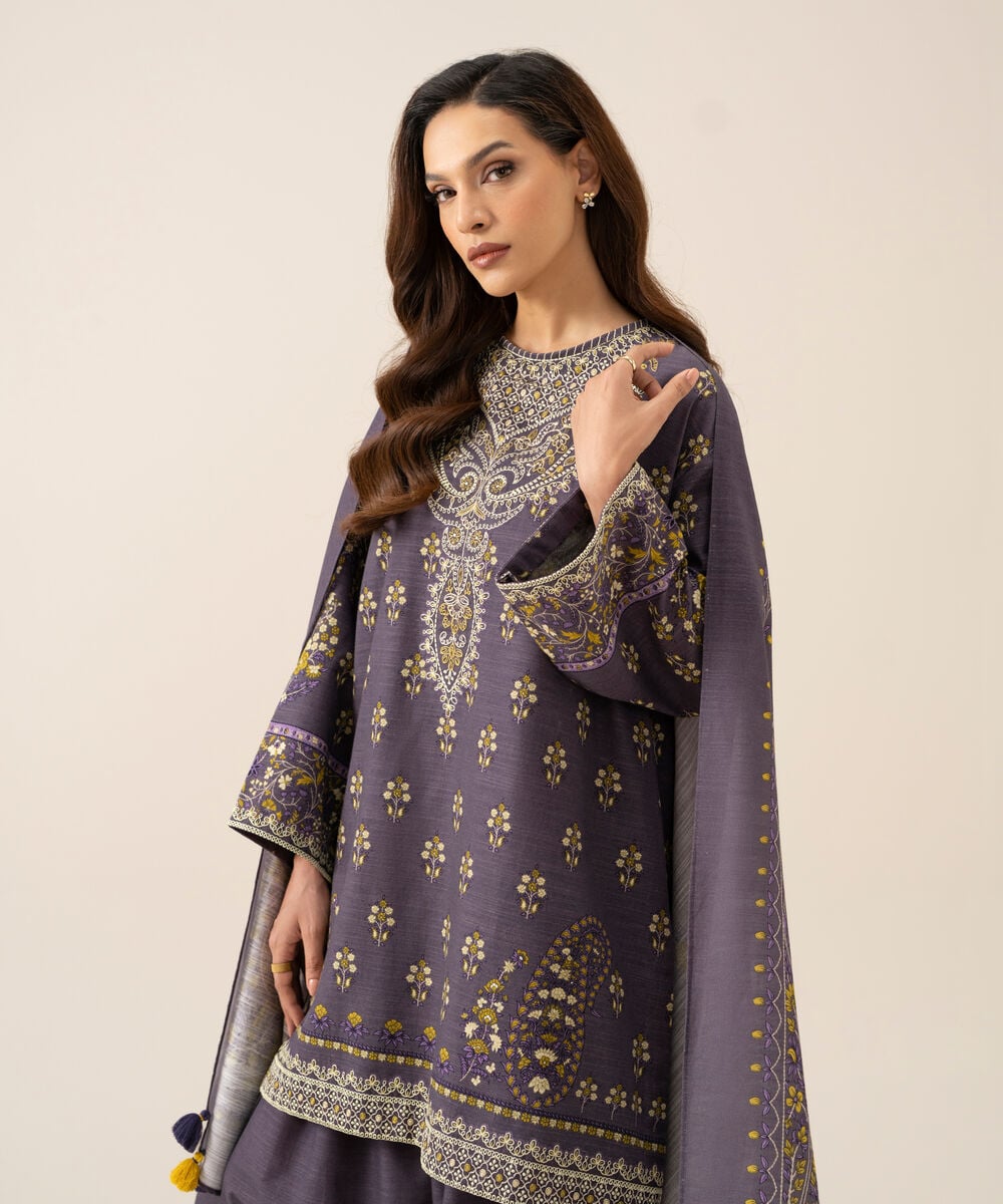 Women's Unstitched Light Khaddar Printed Mauve 3 Piece Suit