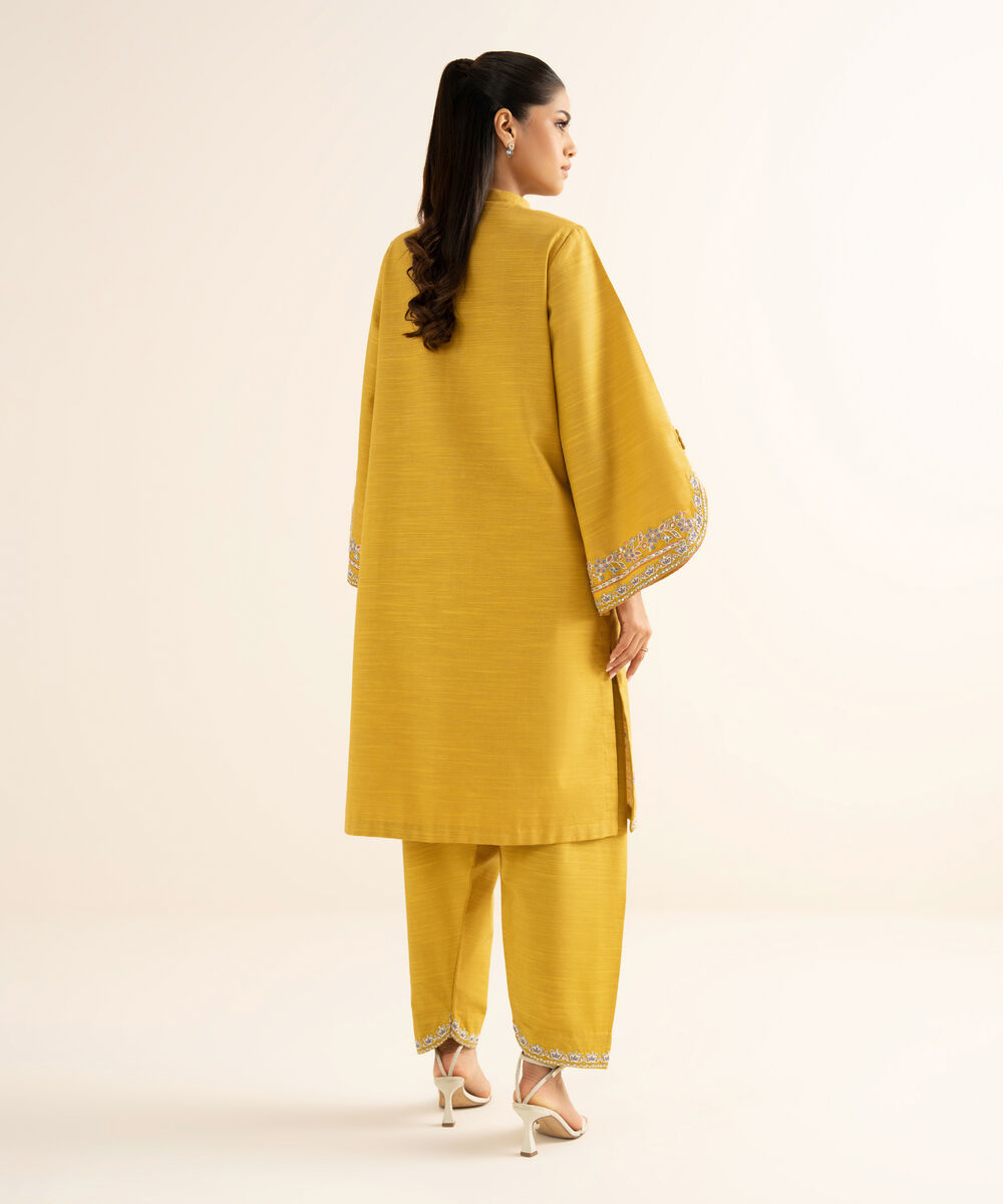 Women's Unstitched Zari Khaddar Embroidered Yellow 2 Piece Suit