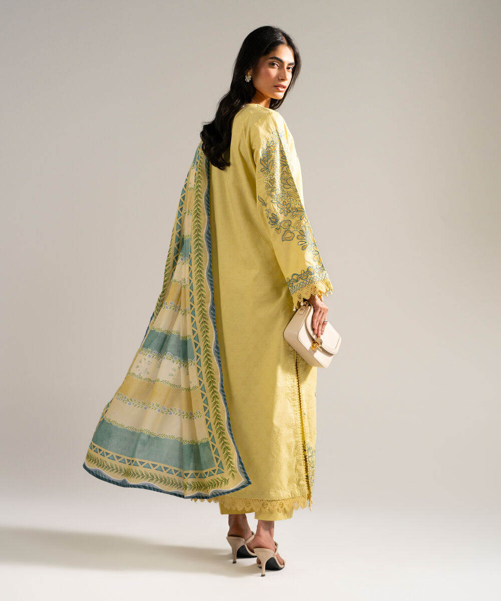 Women's RTW Self Jacquard Embroidered Yellow 3 Piece Suit