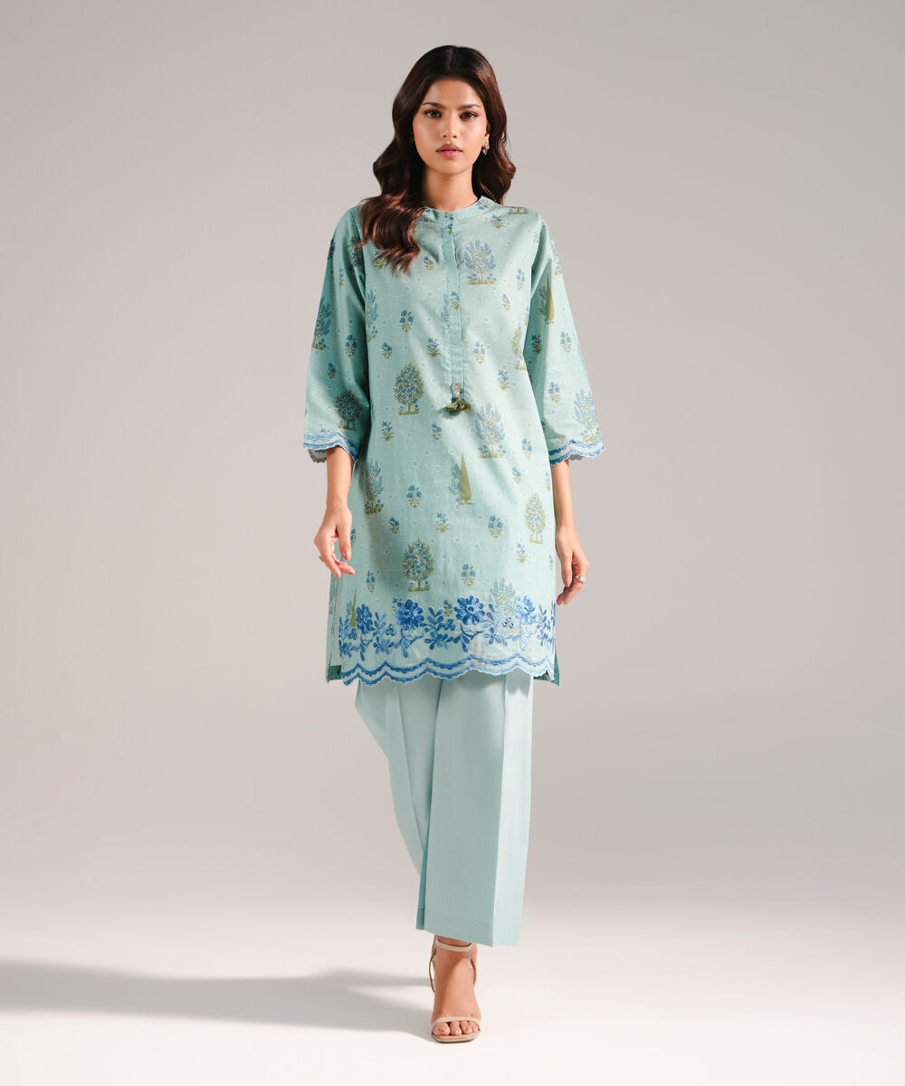 Women's RTW Slub Lawn Embroidered Blue 2 Piece Suit