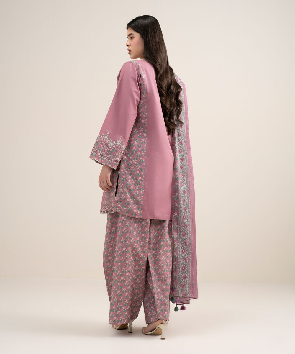 Women's Unstitched Textured Lawn Embroidered Pink 3 Piece Suit