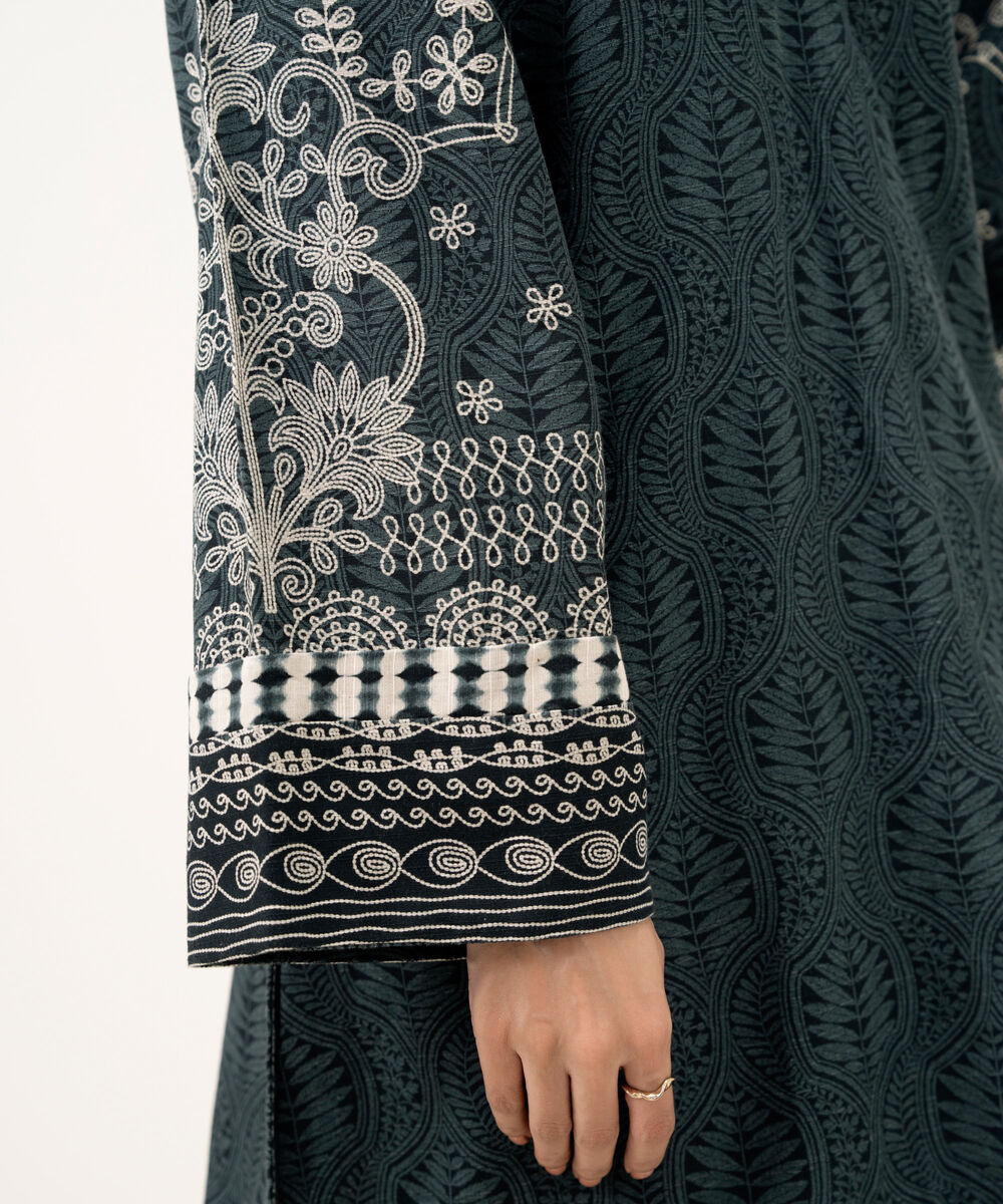 Women's Unstitched Light Khaddar Printed Black 3 Piece Suit