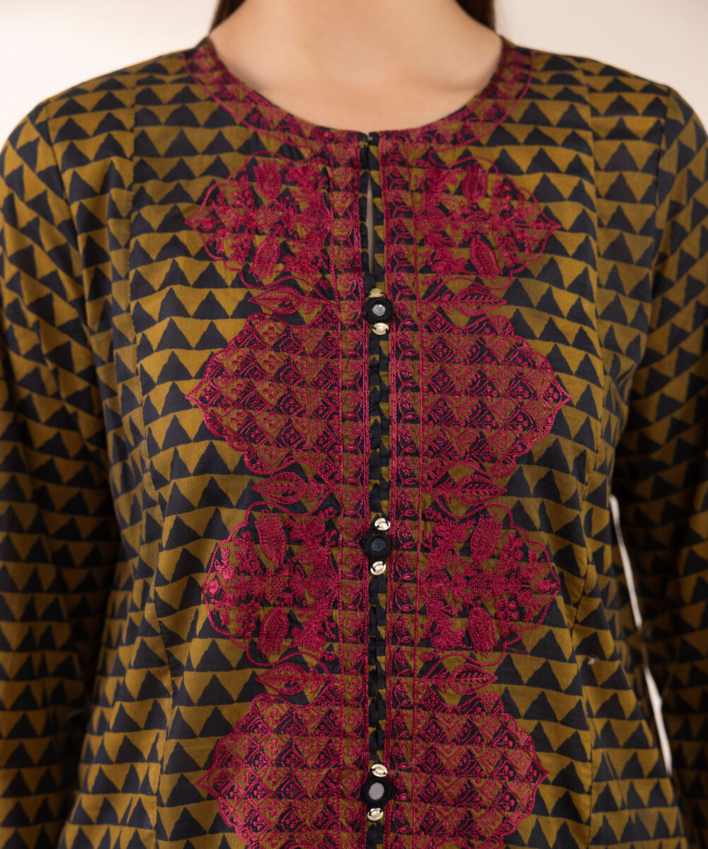 Women's RTW Lawn Brown Embroidered A-Line Shirt