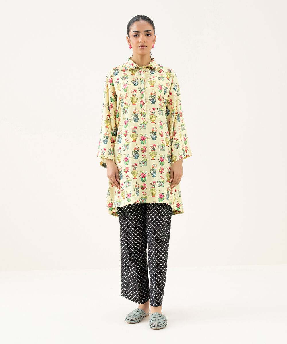 Women's RTW Linen Viscose Printed Pale Yellow Drop Shoulder Shirt