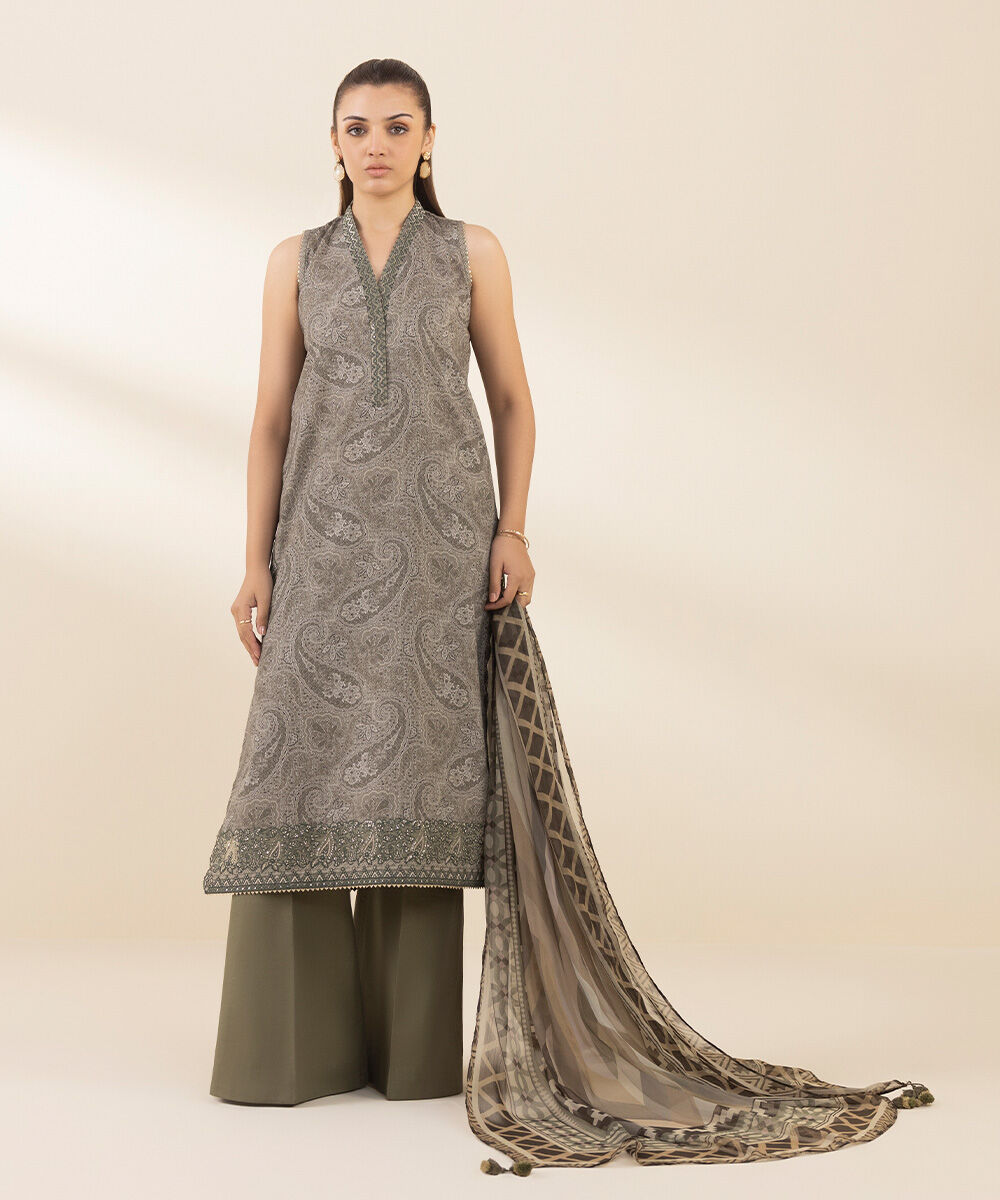 Unstitched Women's Embroidered Lawn Brown Three Piece Suit