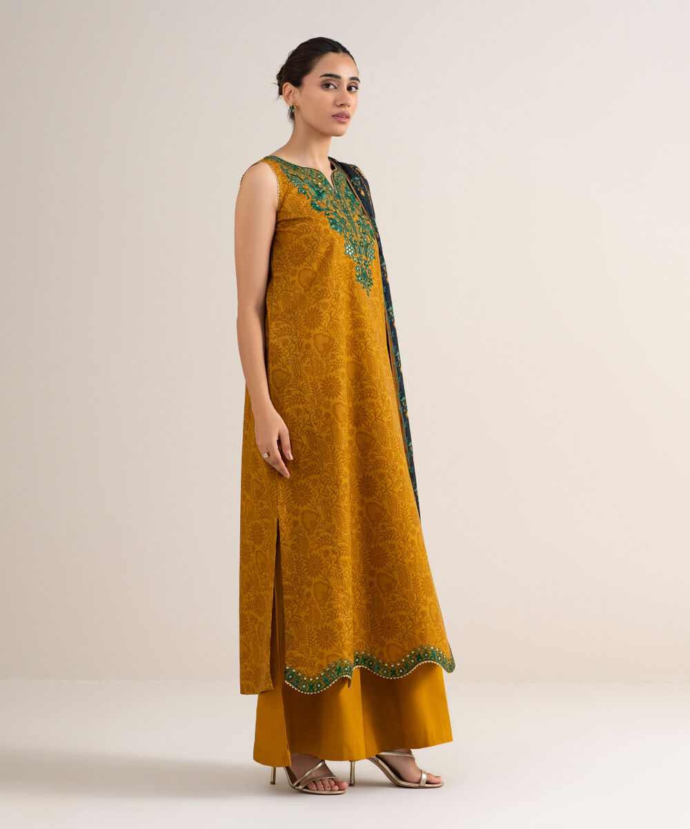 Women's Unstitched Cotton Embroidered Yellow 3 Piece Suit