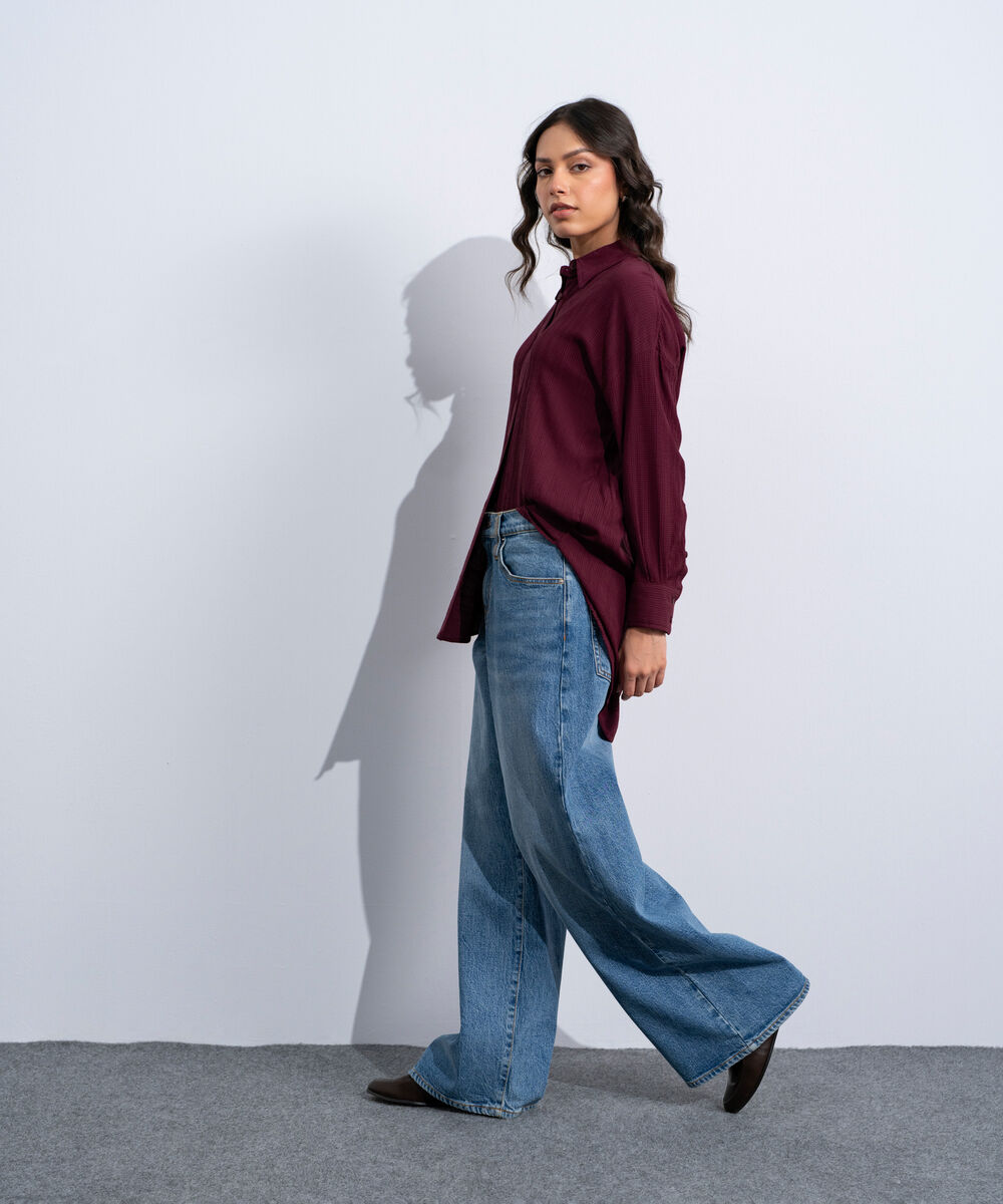 Women's Western Burgundy Button Through Seersucker Shirt