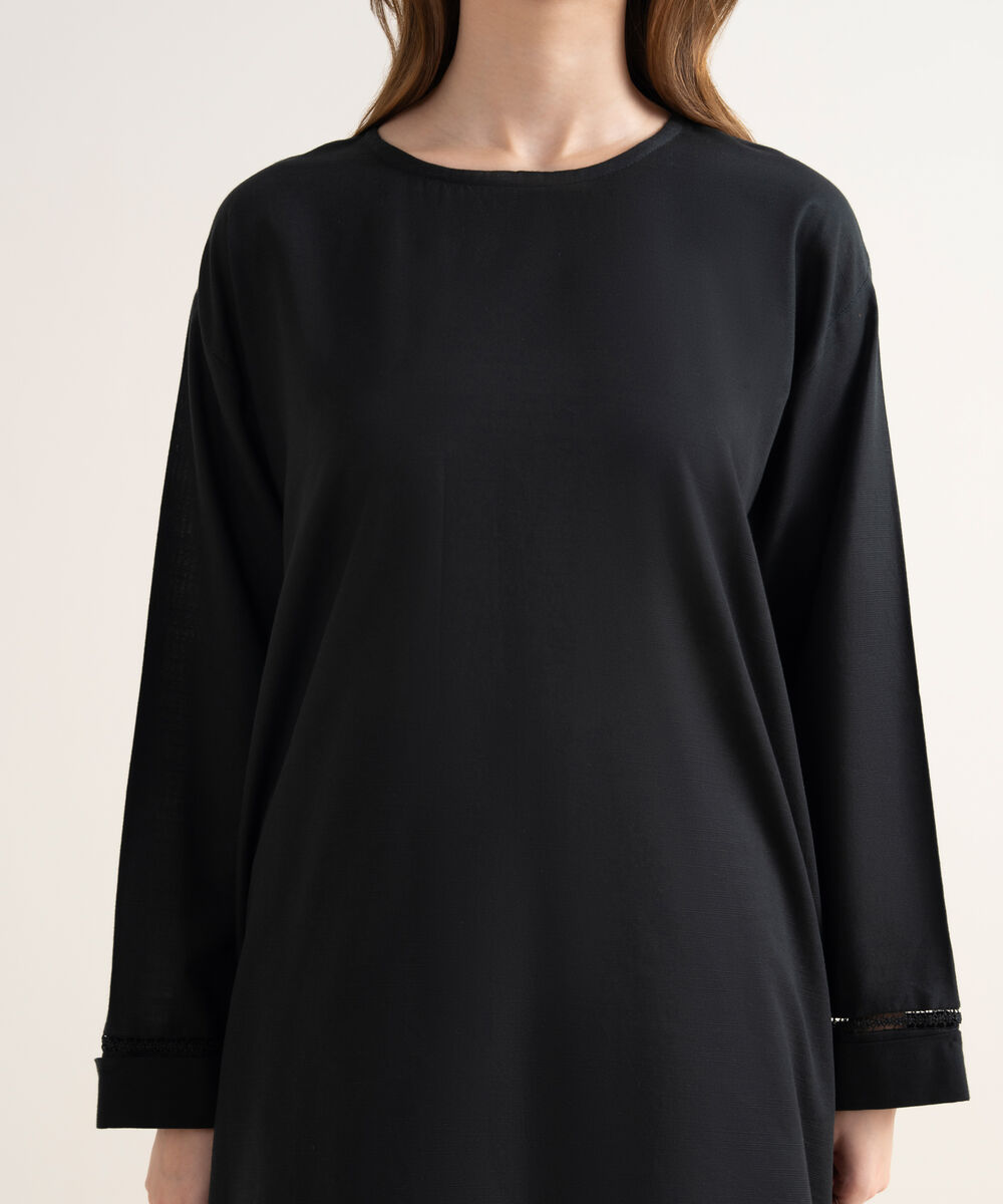Women's RTW Khaddar Solid Drop Shoulder Black Shirt