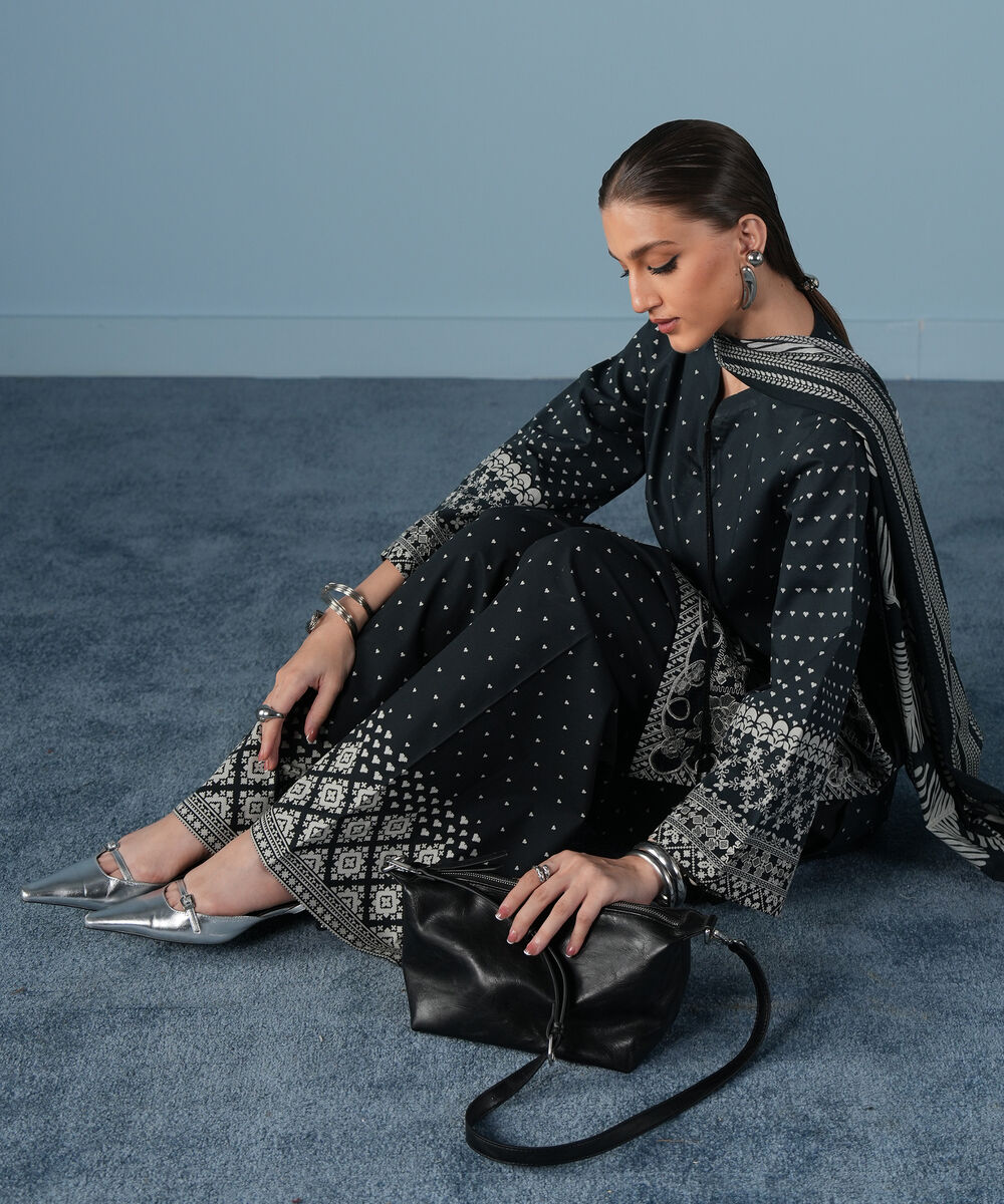 Women's Unstitched Lawn Embroidered Black and Off White 3 Piece Suit
