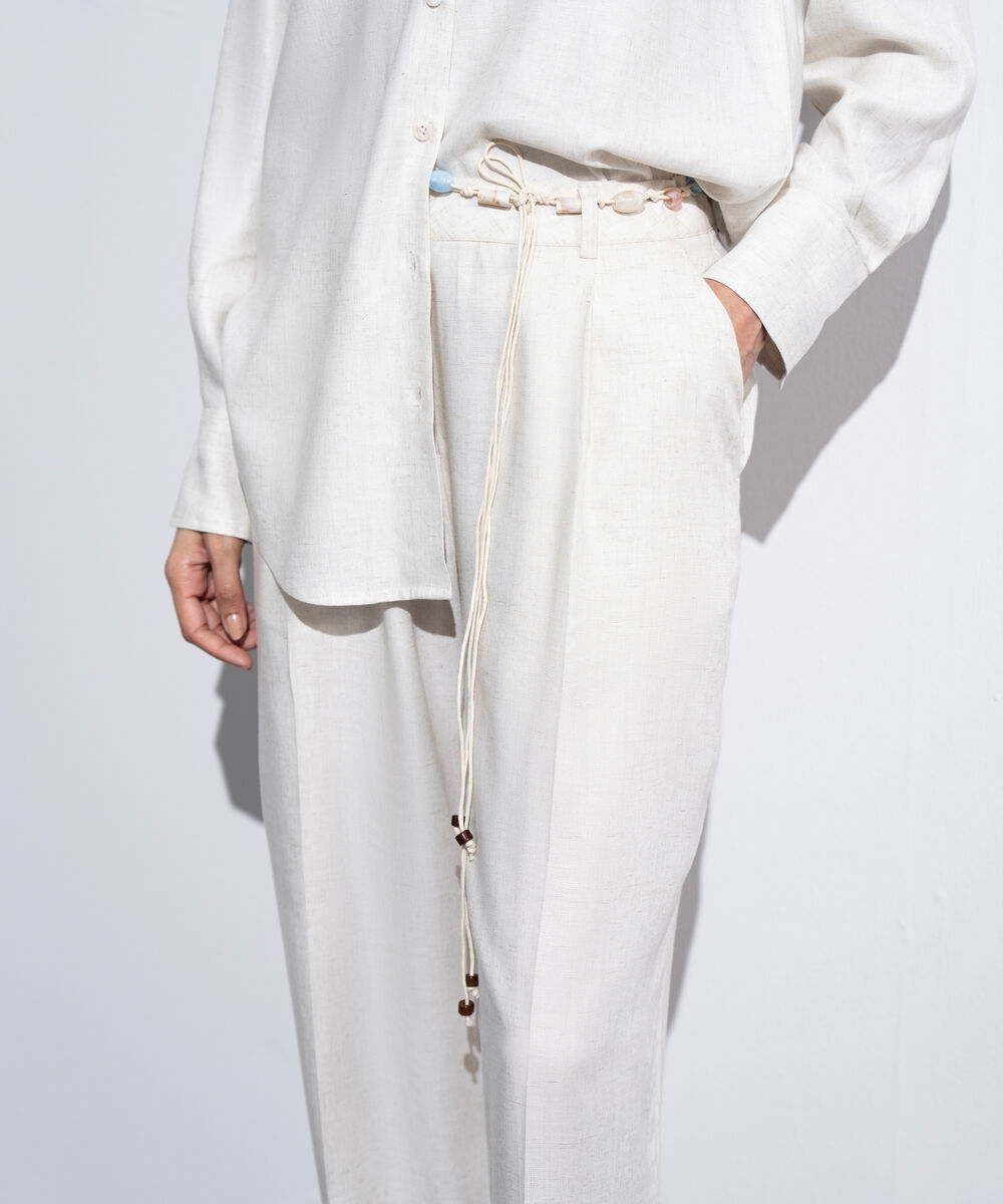 Women's Western Off-white Straight Fit Trousers With Crochet Belt