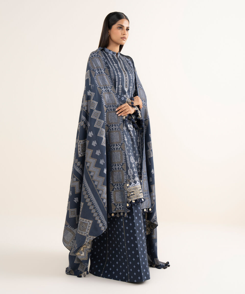 Women's Unstitched Fine Cotton Satin Embroidered Blue  3 Piece Suit