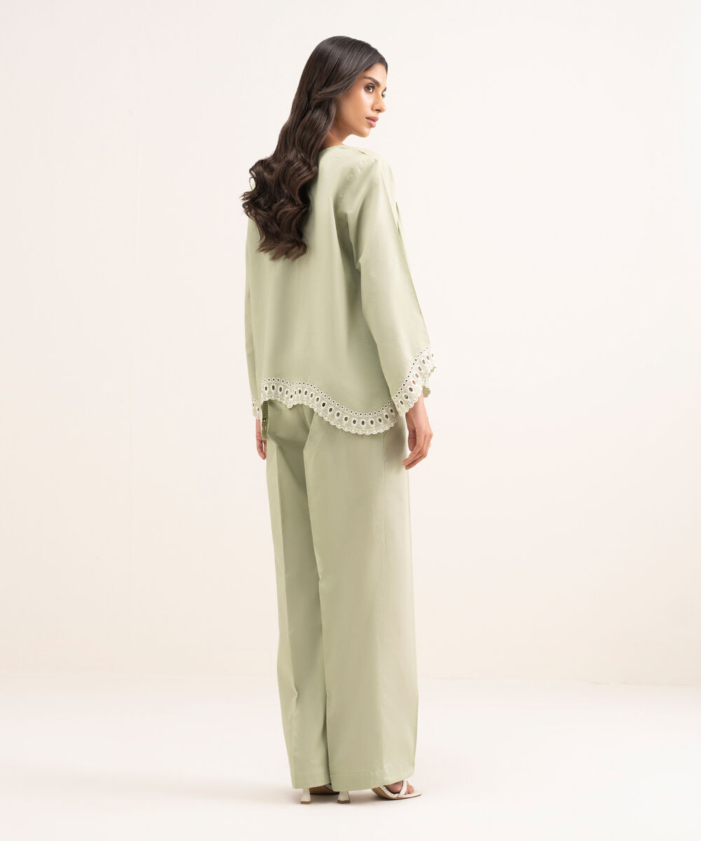 Women's RTW Dobby Embroidered Green Straight Shirt