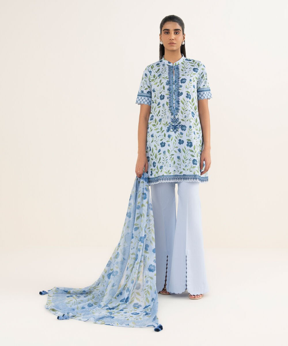 Women's Unstitched Lawn Embroidered Blue 3 Piece Suit