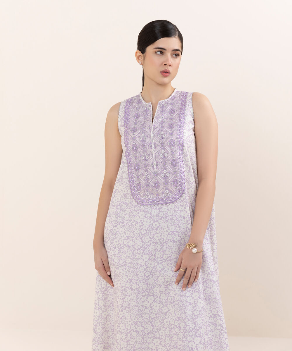 Women's Unstitched Cotton Embroidered Lilac Two Piece Suit