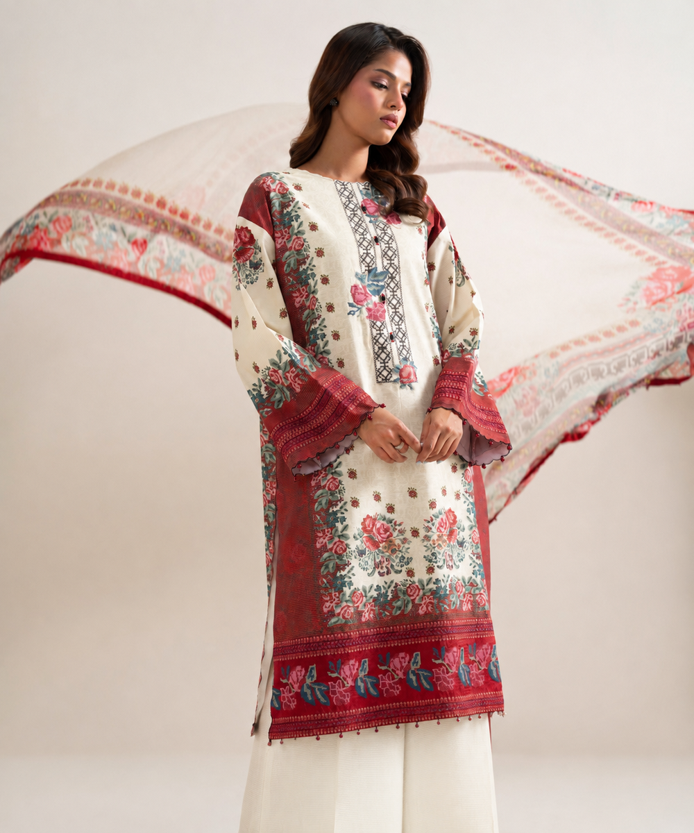 Women's Unstitched Zari Cotton Embroidered Multi 3 Piece Suit