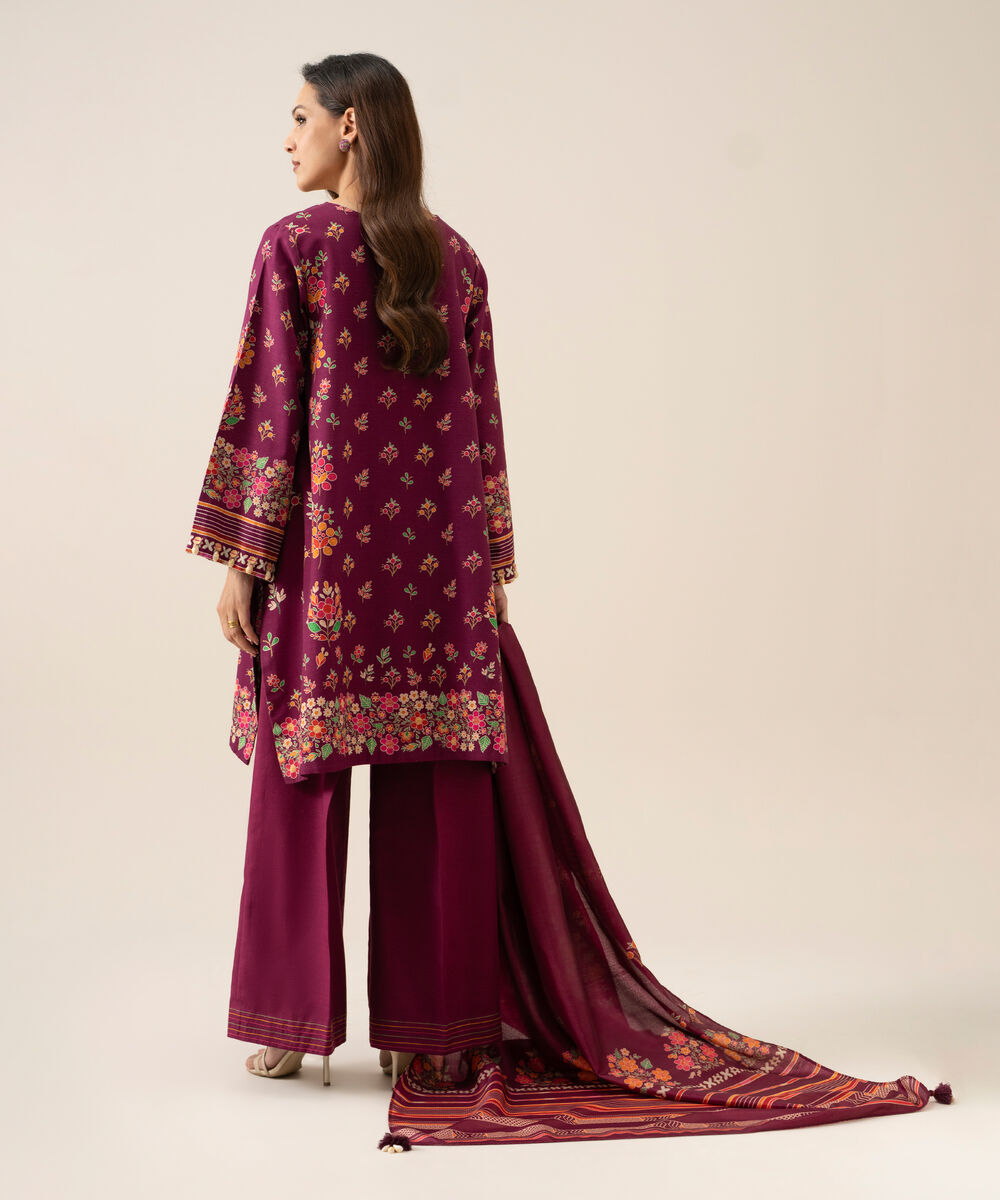 Women's Unstitched Light Khaddar Embroidered Magenta 3 Piece Suit