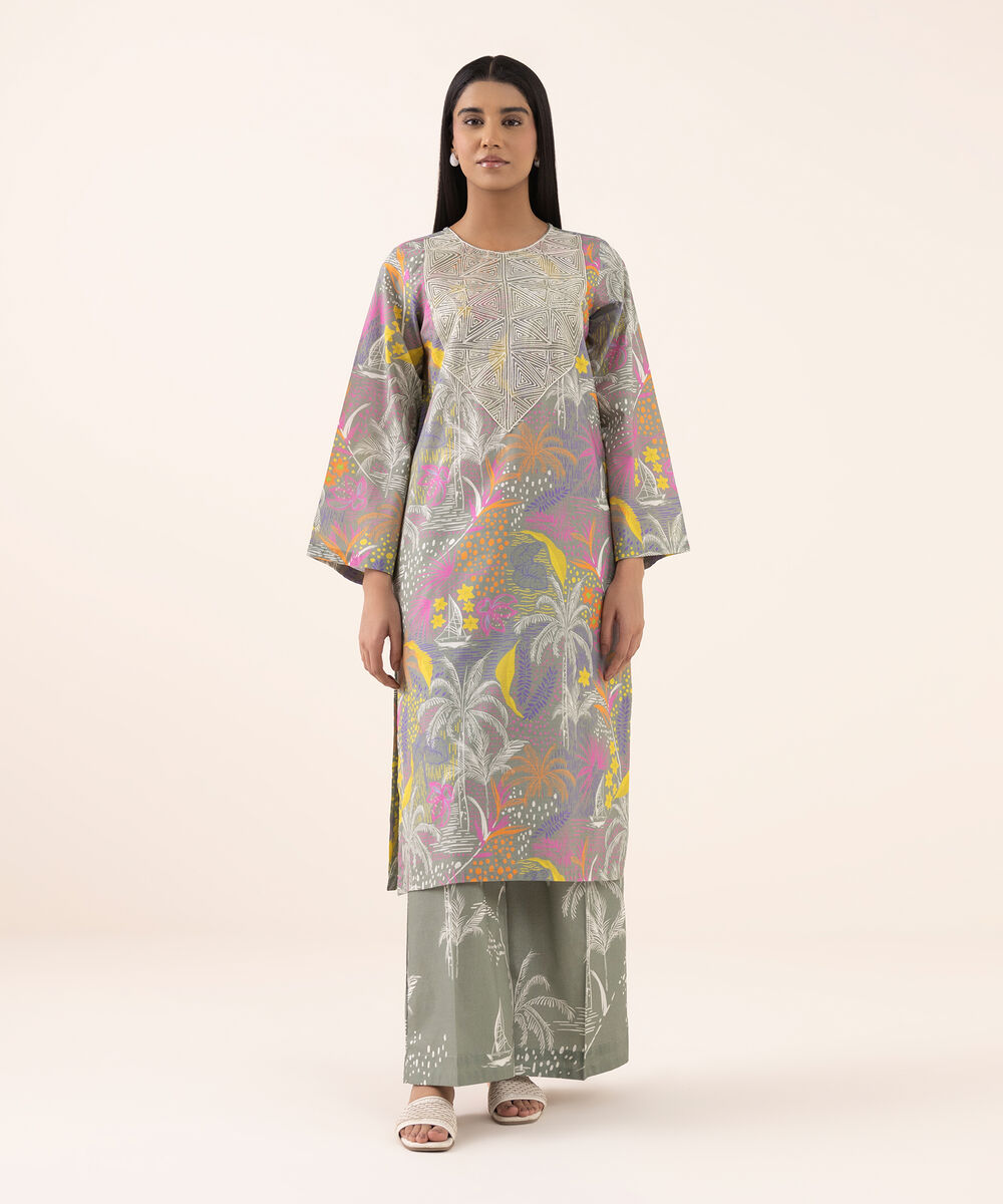 Women's RTW Texured Lawn Grey Printed Aline Shirt