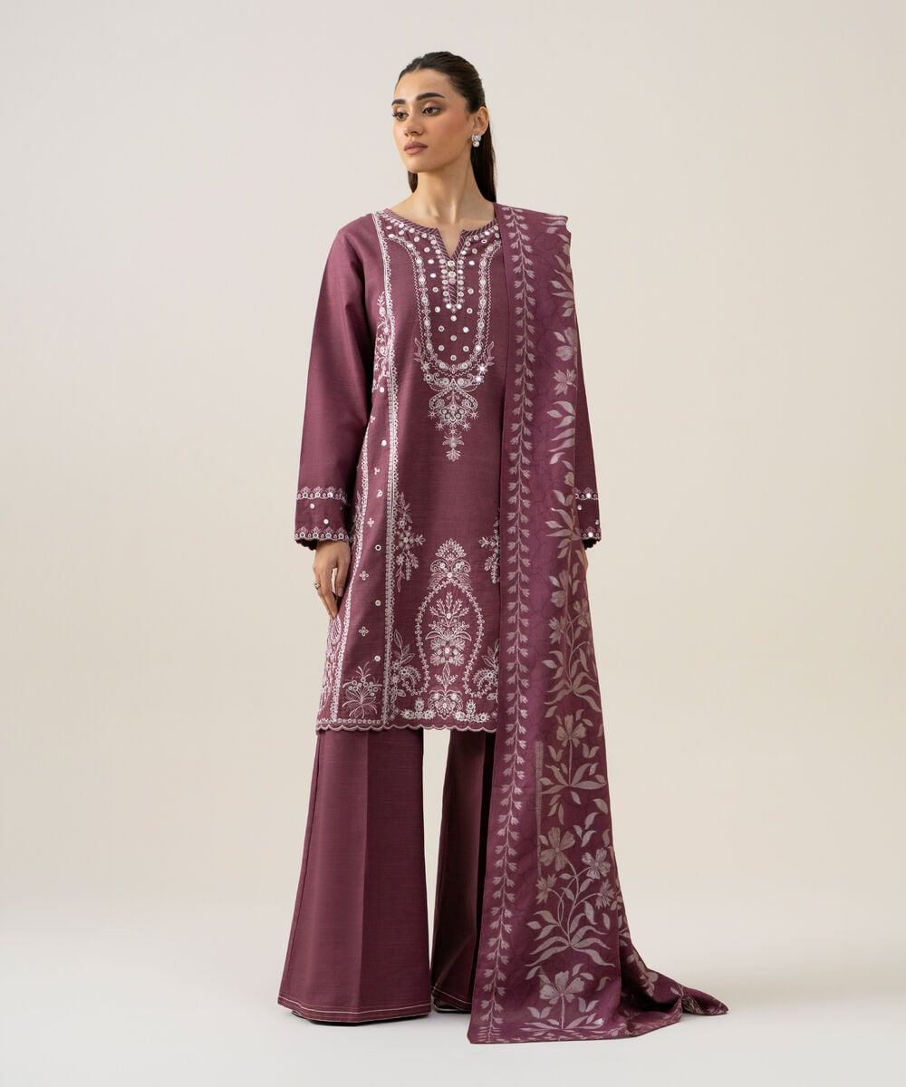 Women's Unstitched Light Khaddar Embroidered Purple 3 Piece Suit