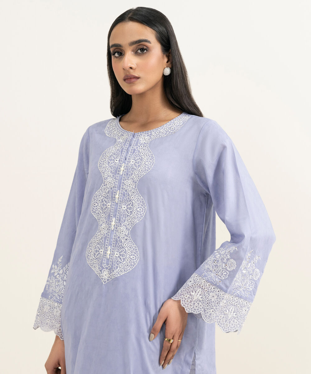 Women's RTW Self Jacquard Embroidered Purple A-Line Shirt