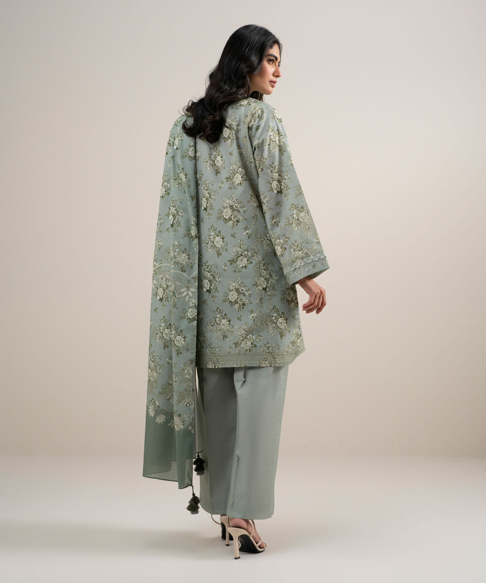 Women's Unstitched Lawn Embroidered Light Smoke Green 3 Piece Suit