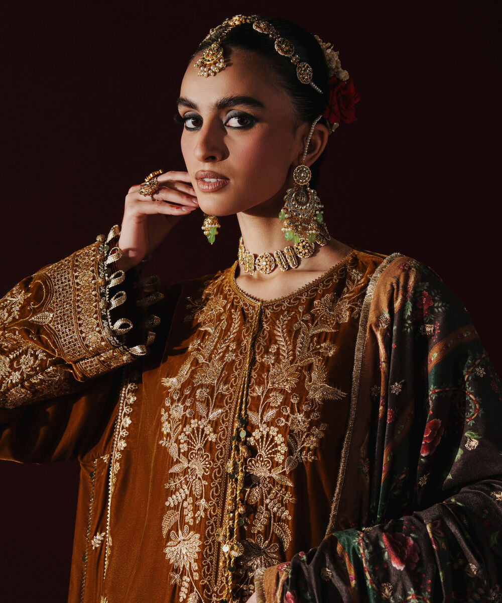 Women's Unstitched Embroidered Velvet Brown 3 Piece Suit