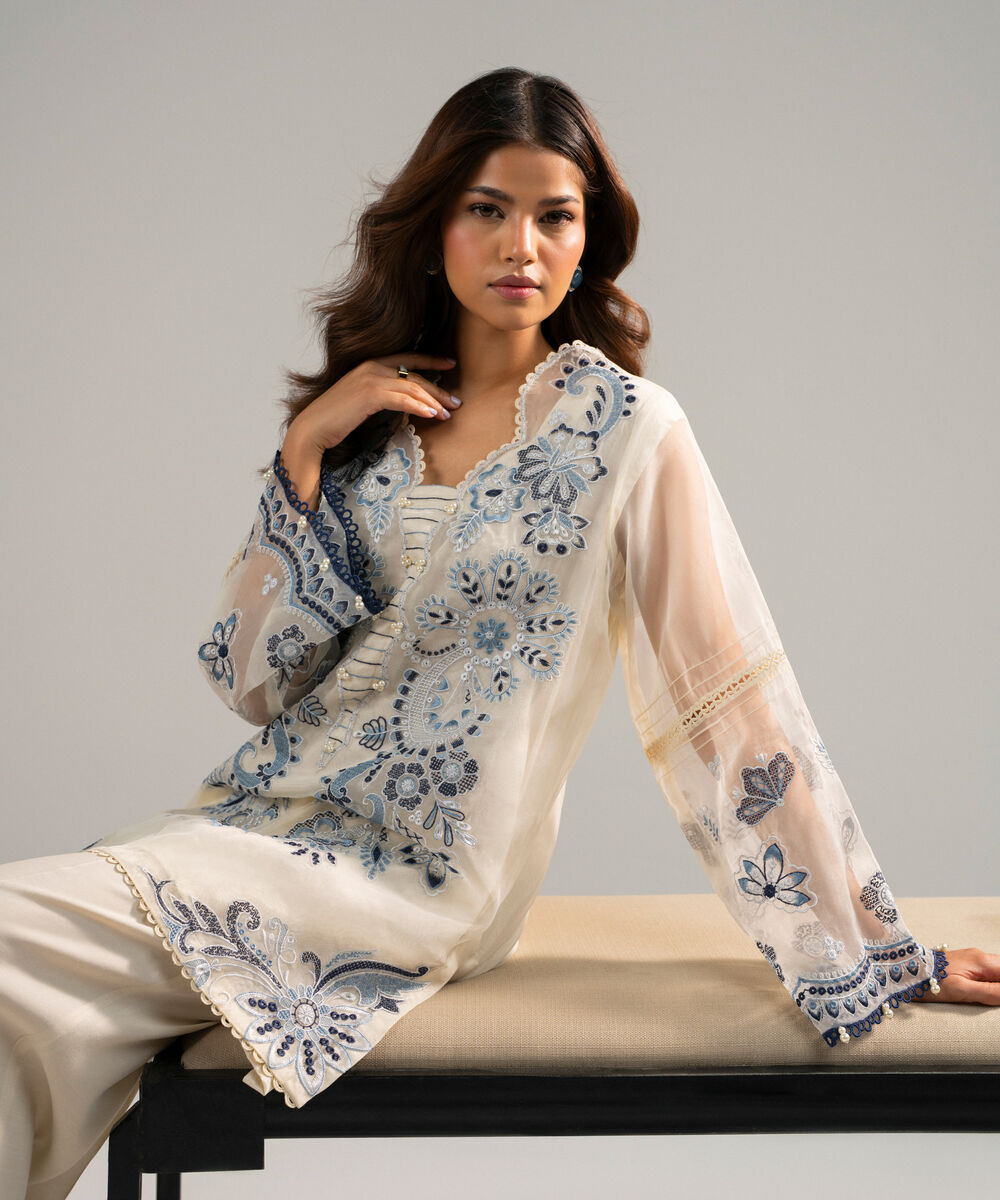 Women's RTW Organza Embroidered Off White 2 Piece Suit