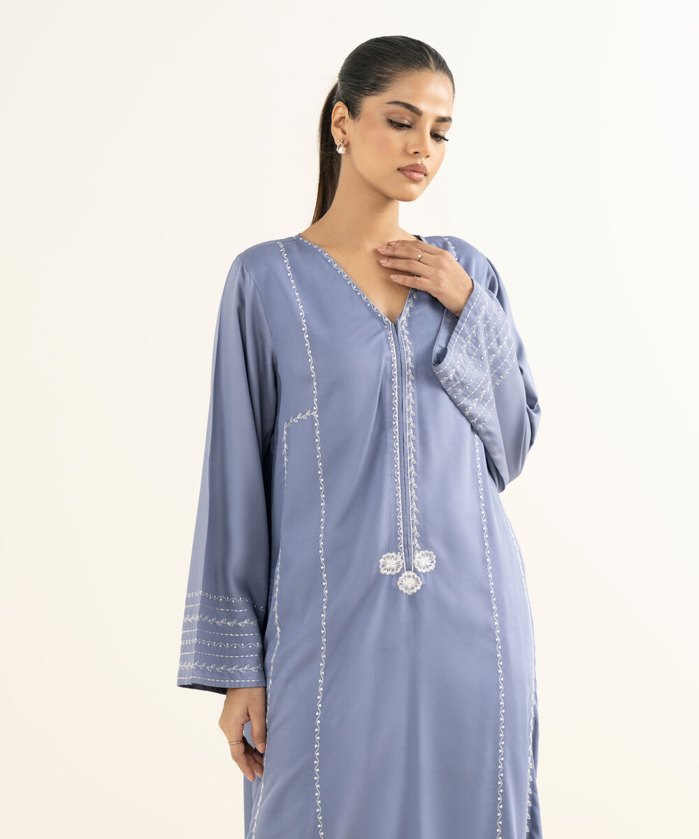 Women's RTW Bedford  Embroidered Blue Straight 2 Piece Suit