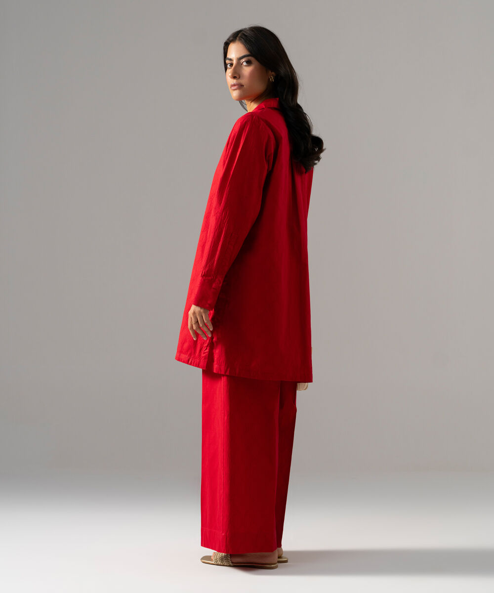 Women's RTW Textured Cotton Solid Red 2 Piece Suit