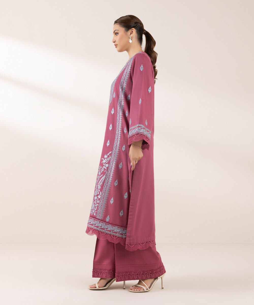 Woman - Pink Embroidered Cotton Karandi Shirt