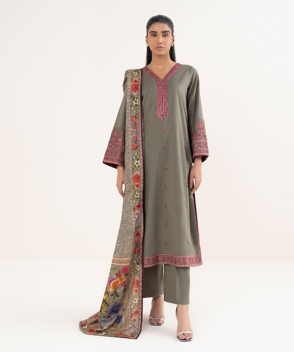 Women's RTW Cotton Viscose Embroidered Grey Straight Shirt