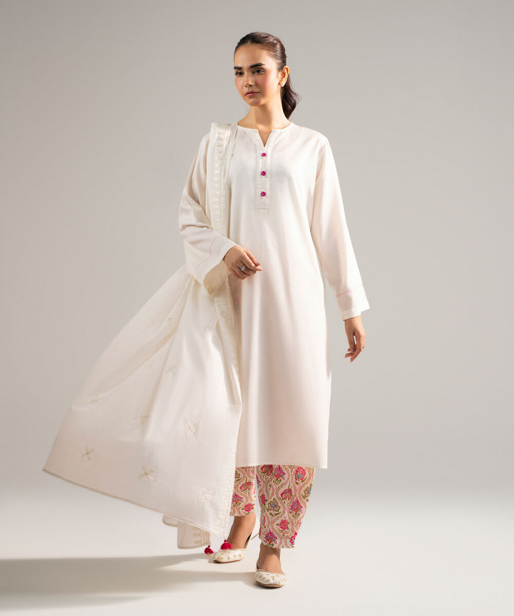 Women's RTW Dobby Solid Off White 3 Piece Suit