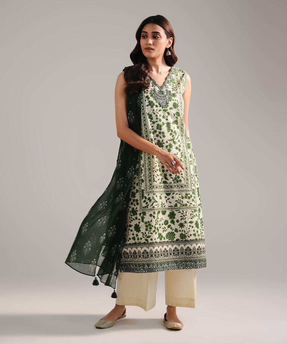 Women's RTW Cambric Embroidered Off White 3 Piece Suit