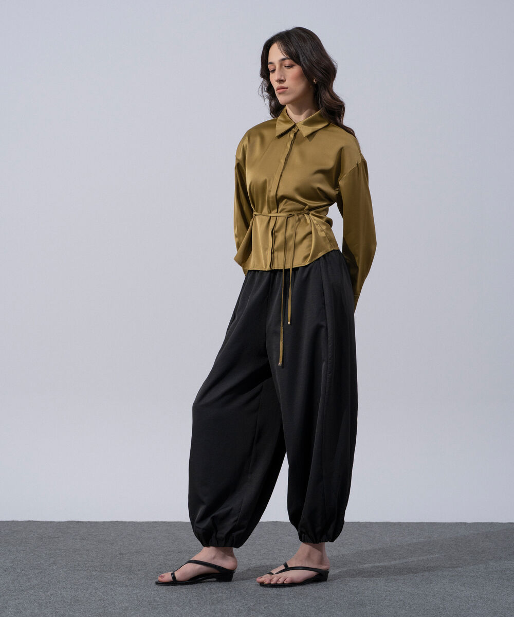 Women's Western Wear Olive Polyester Button Through Top With Drawstring