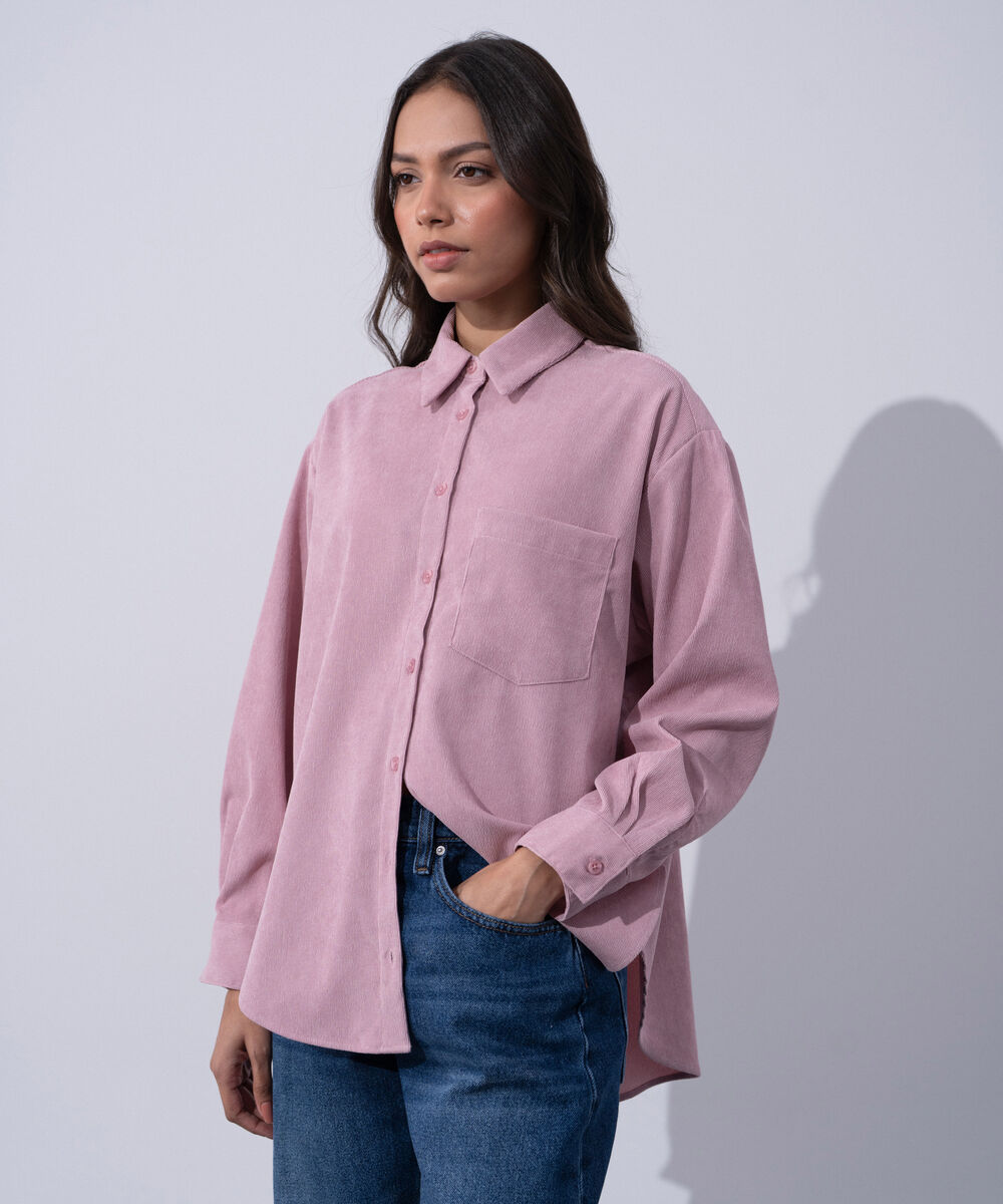 Women's Western Wear Pink Polyester Button Through Corduroy Shirt