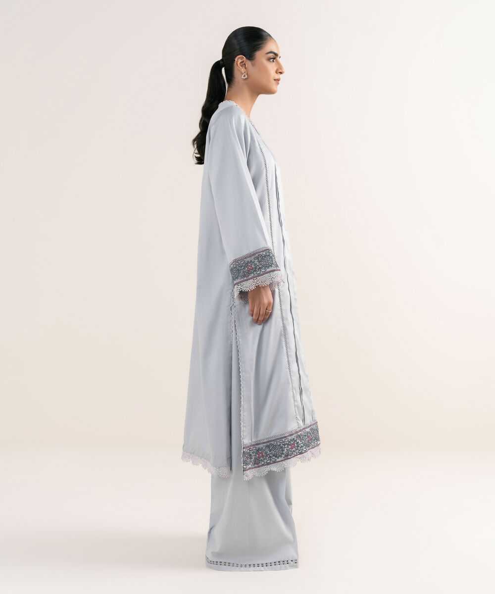 Women's RTW Cotton Satin Lilac Embroidered A-Line Shirt