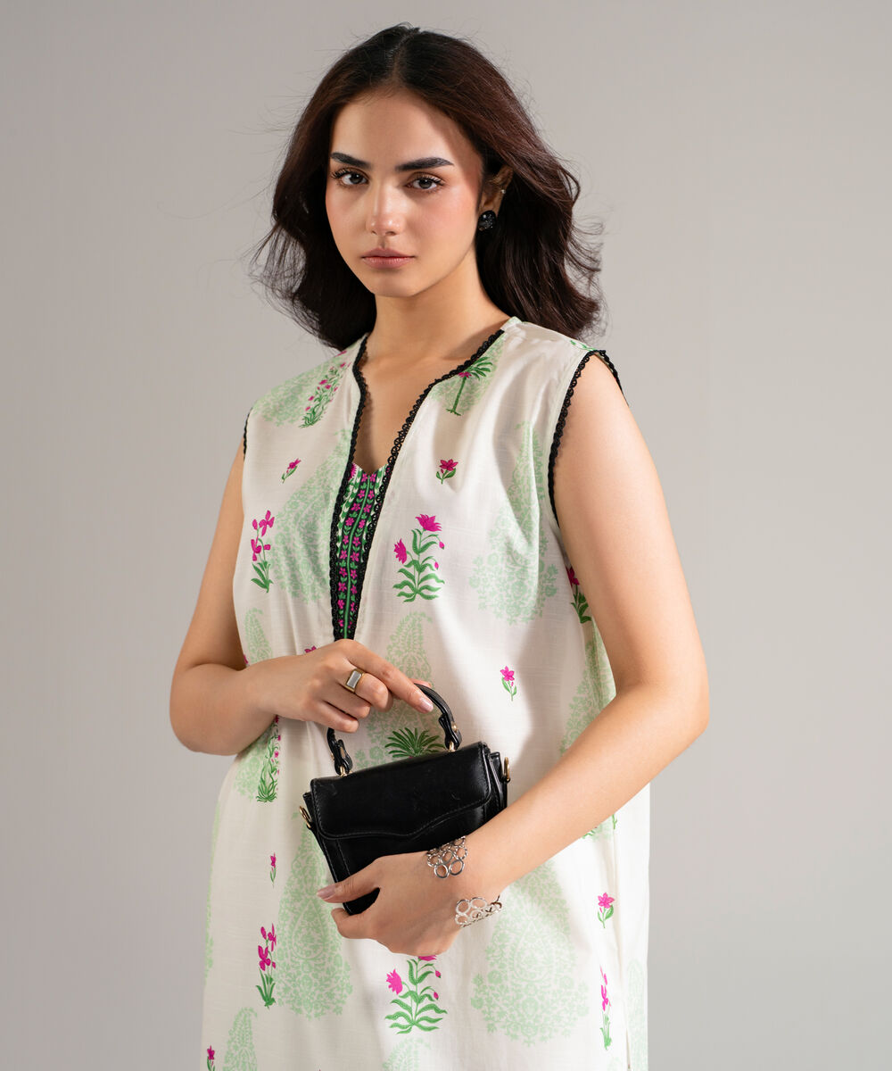 Women's RTW Slub Lawn Printed Off White Straight Shirt