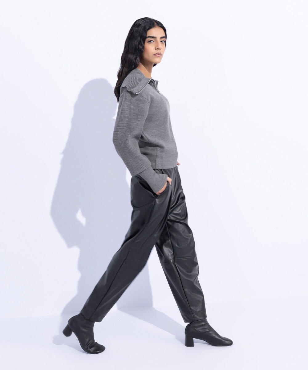 Woman - Black High Waisted Faux Leather Trousers