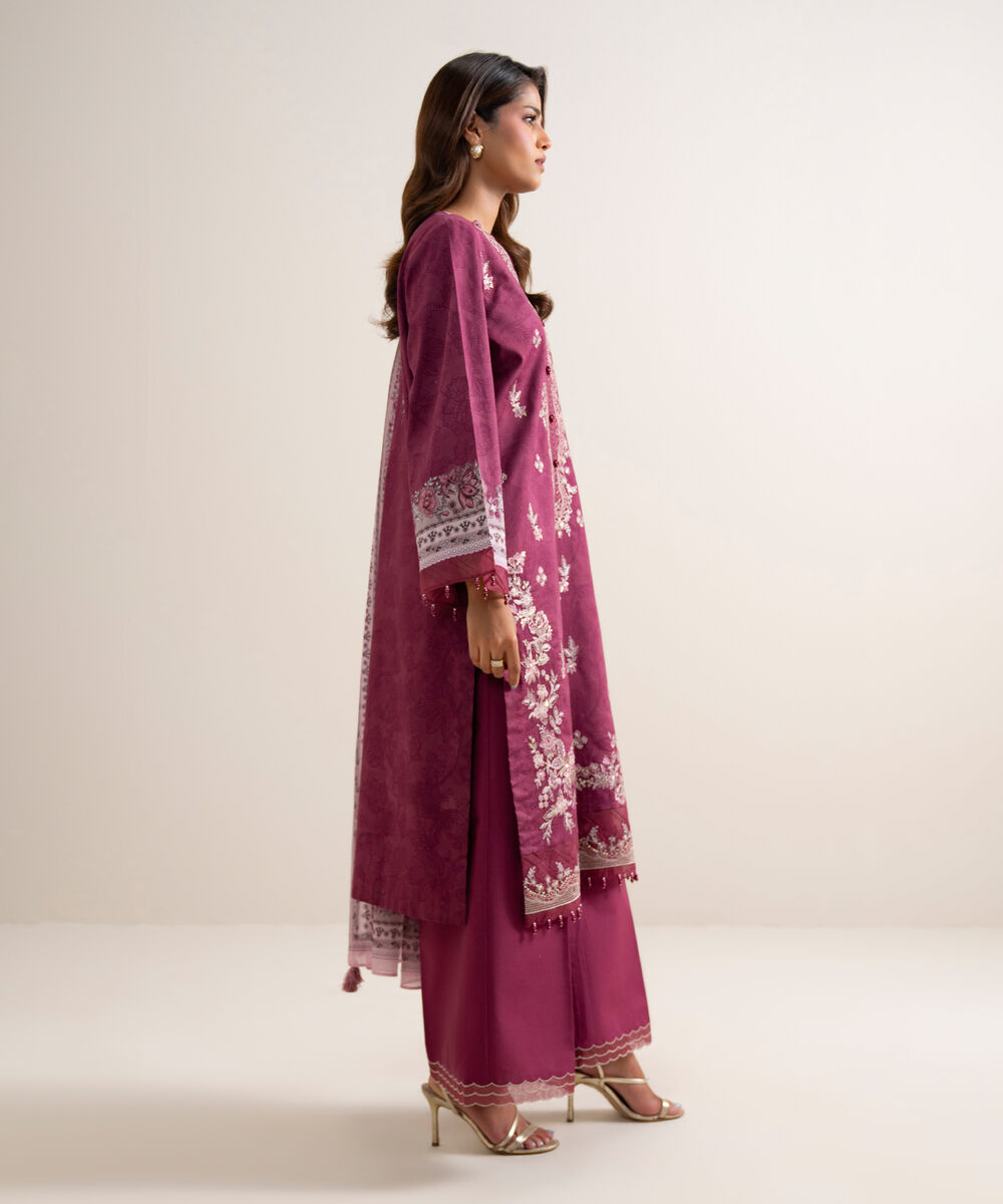 Women's Unstitched Lawn Embroidered Red 3 Piece Suit