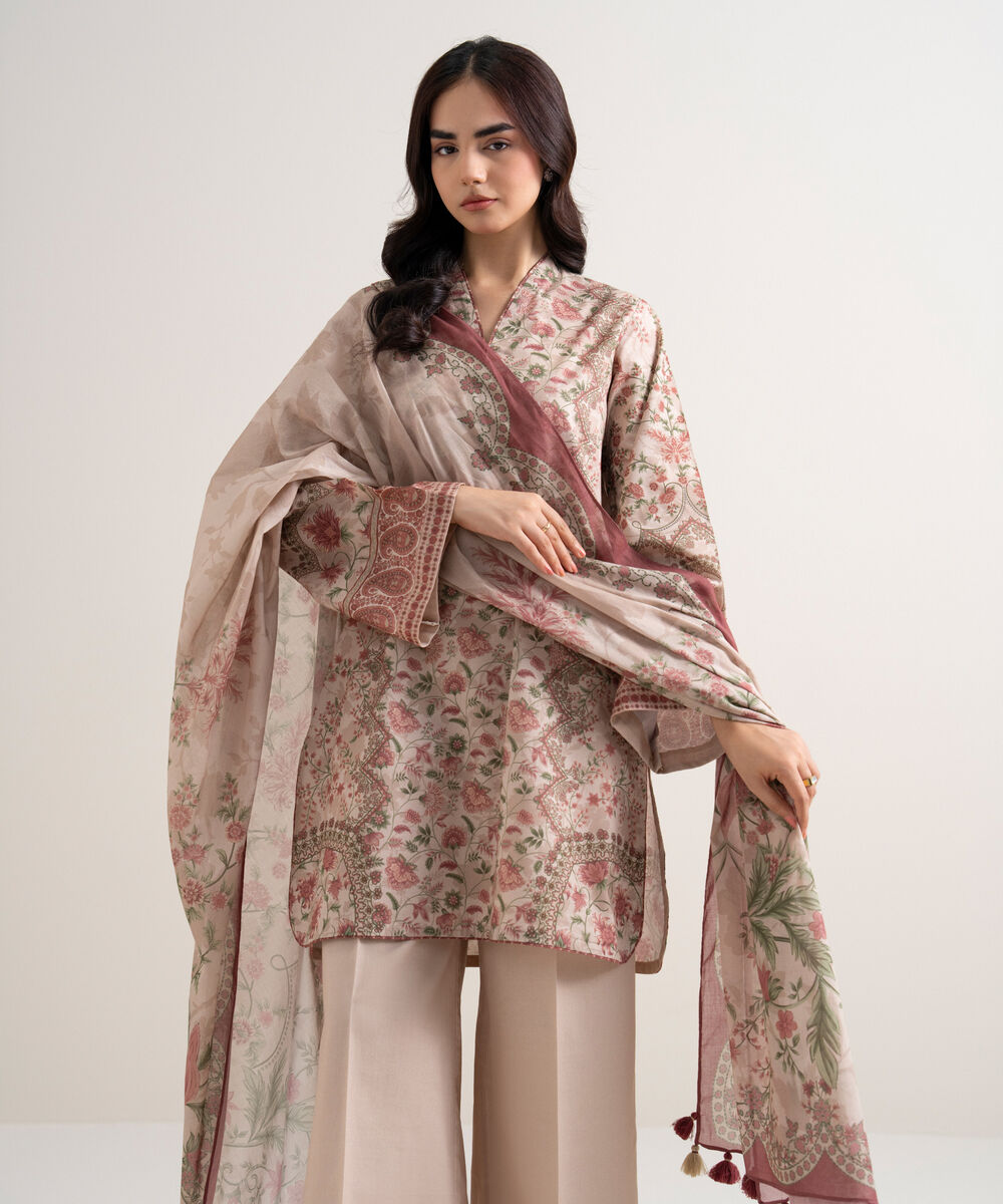 Women's Unstitched Lawn Printed Pink 3 Piece Suit