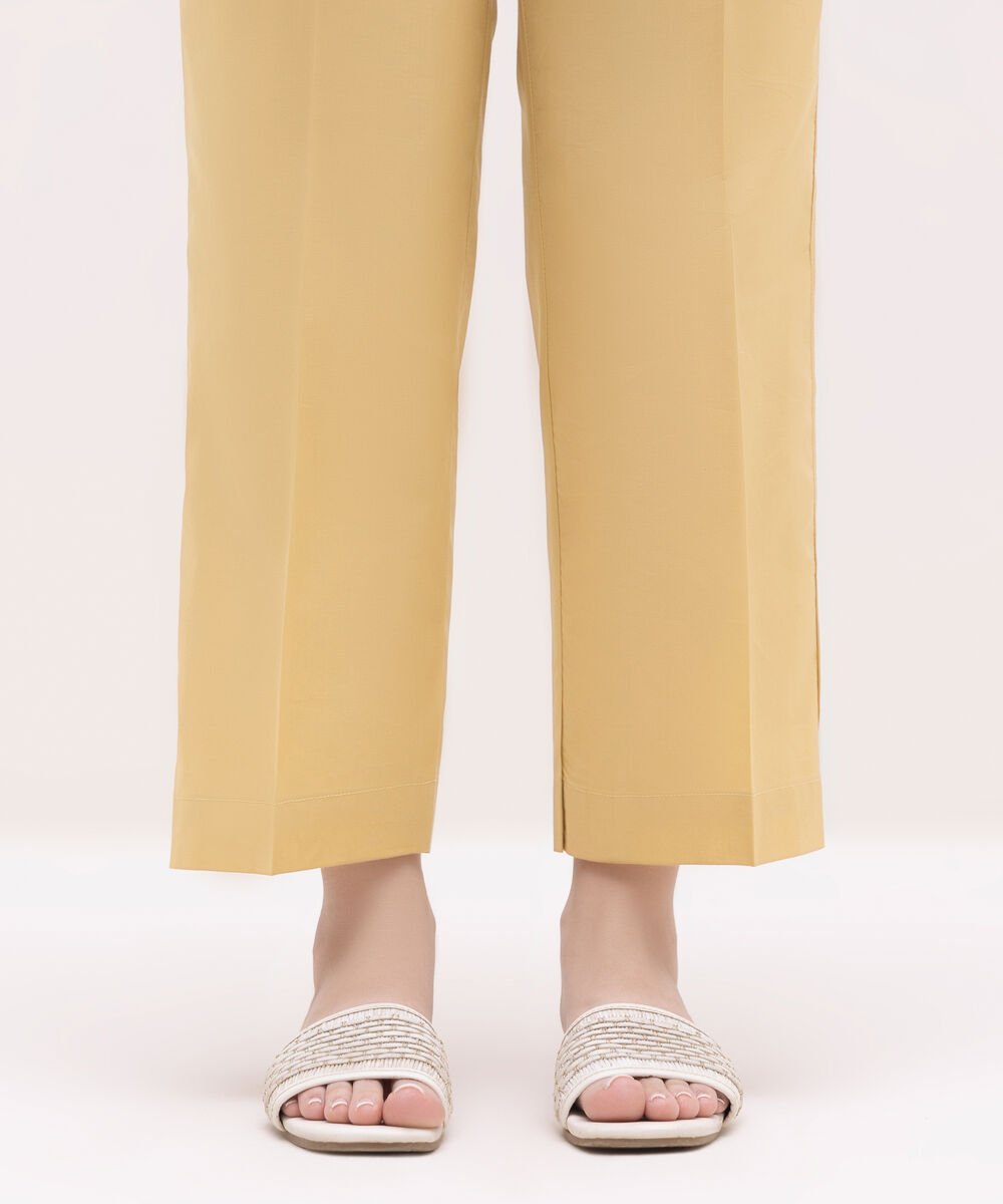 Women's RTW Cambric Beige Solid Straight Pants